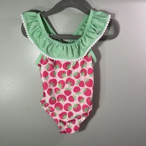 Floatimini Girls One Piece Swimsuit, pink w/ Berry Pattern&Green‎ Trim, size 18M